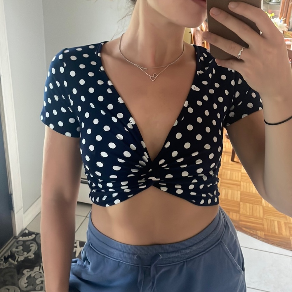 Navy Polka Dot Twist Crop Top
